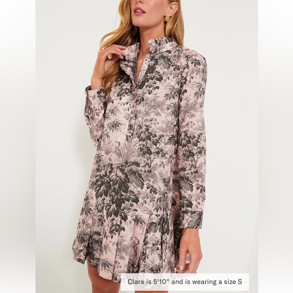 Tuckernuck Pink and Gray Floral Ruffle Collar Long-Sleeve Dress